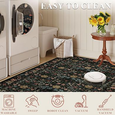 2x3 Floral Washable Entry Rug, Non-Slip Low Pile Mat for Home