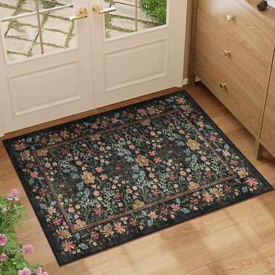 2x3 Floral Washable Entry Rug, Non-Slip Low Pile Mat for Home