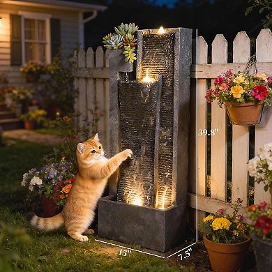 Outsunny Waterfall Fountain with LED Lights, Cascading Waterfall Feature