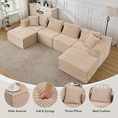 4-Seat 2-Footstool Rolled-Edge Angled Armrest Compression Sectional Sofa