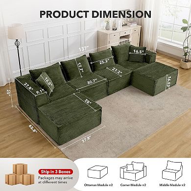 4-Seat 2-Footstool Rolled-Edge Angled Armrest Compression Sectional Sofa