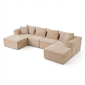 4-Seat 2-Footstool Rolled-Edge Angled Armrest Compression Sectional Sofa