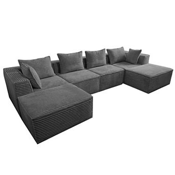 4-Seat 2-Footstool Rolled-Edge Angled Armrest Compression Sectional Sofa