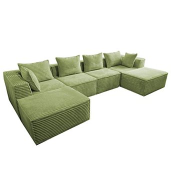 4-Seat 2-Footstool Rolled-Edge Angled Armrest Compression Sectional Sofa