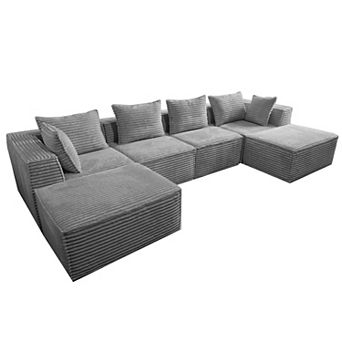 4-Seat 2-Footstool Rolled-Edge Angled Armrest Compression Sectional Sofa