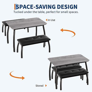 3 Pcs Retro Dining Set,Space-Saving Table,2 Upholstered Benches for 4,Metal Frame Kitchen Furniture