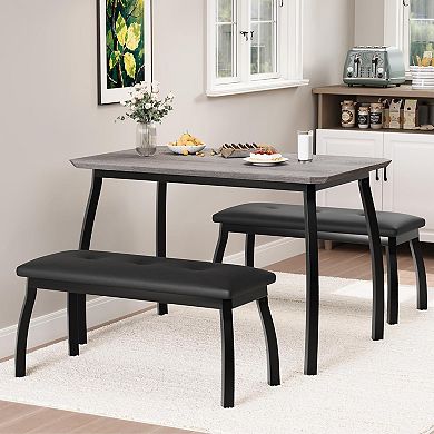 3 Pcs Retro Dining Set,Space-Saving Table,2 Upholstered Benches for 4,Metal Frame Kitchen Furniture