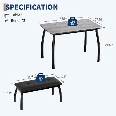 3 Pcs Retro Dining Set,Space-Saving Table,2 Upholstered Benches for 4,Metal Frame Kitchen Furniture