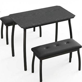 3 pc Retro Dining Set,Space-Saving Table,2 Upholstered Benches for 4,Metal Frame Kitchen Furniture
