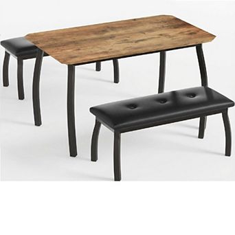 3 pc Retro Dining Set,Space-Saving Table,2 Upholstered Benches for 4,Metal Frame Kitchen Furniture