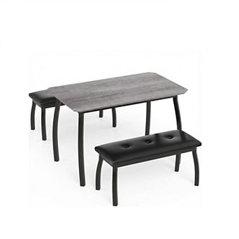 3 pc Retro Dining Set,Space-Saving Table,2 Upholstered Benches for 4,Metal Frame Kitchen Furniture