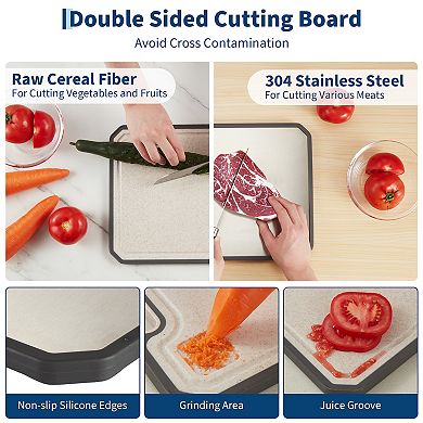 304 Stainless Steel Cutting Board for Kitchen,Double Sided Chopping Board with Juice Groove,Handle