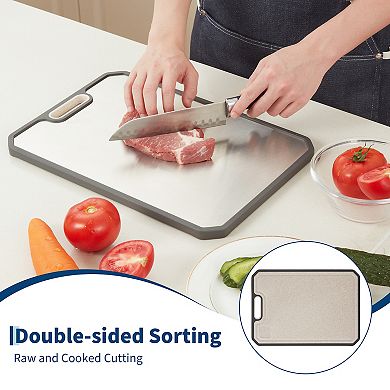 304 Stainless Steel Cutting Board for Kitchen,Double Sided Chopping Board with Juice Groove,Handle
