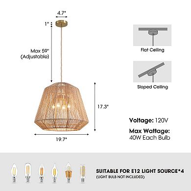 Moooni 20" Adjustable Woven Pendant Light for Sloped Ceilings, 4-Light