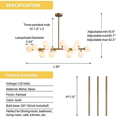 Moooni 16-Light Mid Century Glass Chandelier 39" Modern Gold Linear Pendant Fixture No Bulb