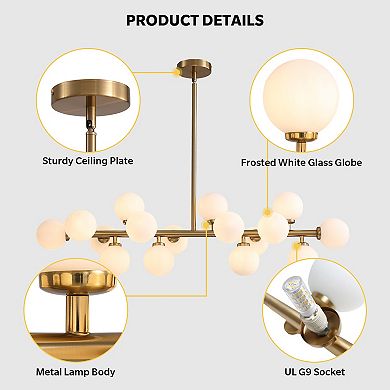 Moooni 16-Light Mid Century Glass Chandelier 39" Modern Gold Linear Pendant Fixture No Bulb