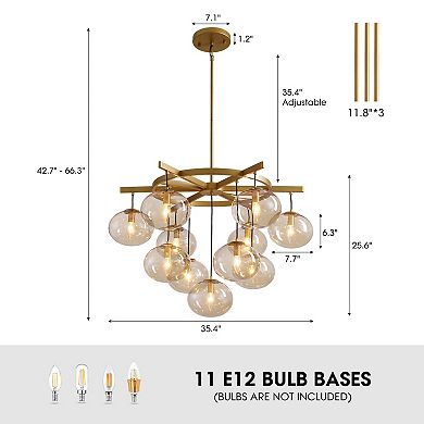 Moooni 35.4" Golden Wrought Iron Chandelier with 11-Lights, Adjustable Height