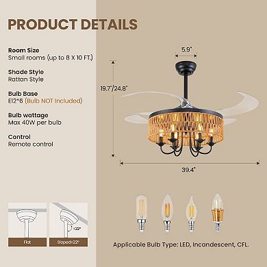 Moooni 48" Smart Retractable Ceiling Fan with Light & Remote, 4-Blade