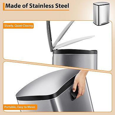 13 Gal Step Trash Can,Stainless Steel Kitchen Waste Bin with Removable Inner Bucket,Soft-Close Lid