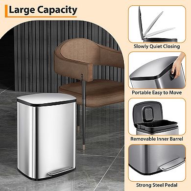13 Gal Step Trash Can,Stainless Steel Kitchen Waste Bin with Removable Inner Bucket,Soft-Close Lid