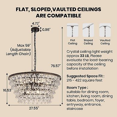 Moooni 27.6" Grand Crystal Chandelier with Iron Frame, 9-Light