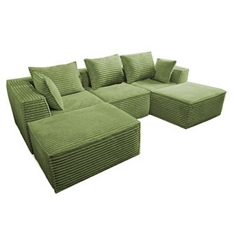 3-Seat 2-Footstool Rolled-Edge Angled Armrest Compression Sectional Sofa