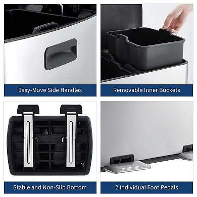 Commercial Dual Trash Can,16 Gallon Stainless Steel Double Compartment Recycling Bin with Lids Pedal