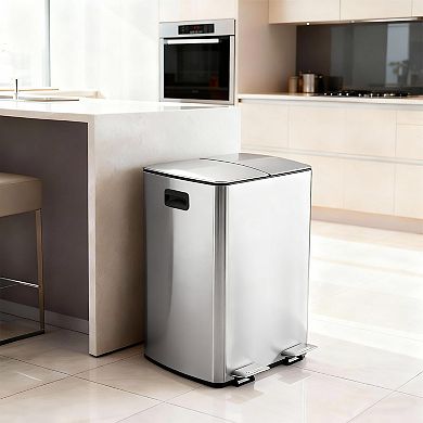 Commercial Dual Trash Can,16 Gallon Stainless Steel Double Compartment Recycling Bin with Lids Pedal