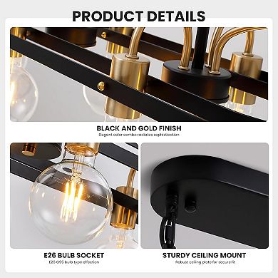 Moooni 6 Lights Rectangular Chandelier, Black and Gold Linear Chandelier