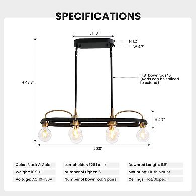 Moooni 6 Lights Rectangular Chandelier, Black and Gold Linear Chandelier