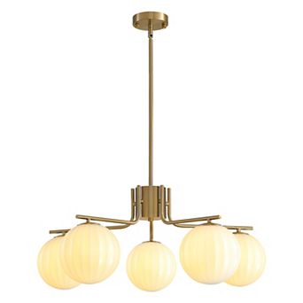 Moooni 31.5" Gold 5-Light Pendant with Watermelon Glass Shades, Adjustable for Sloped Ceilings
