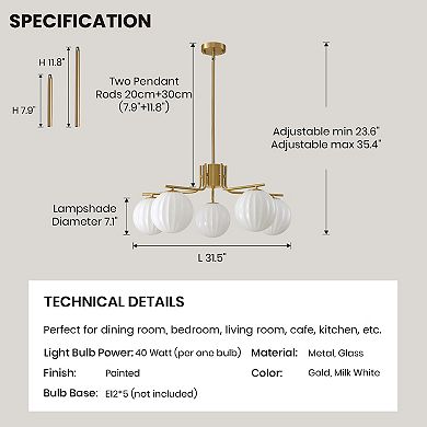 Moooni 31.5" Gold 5-Light Pendant with Watermelon Glass Shades, Adjustable for Sloped Ceilings