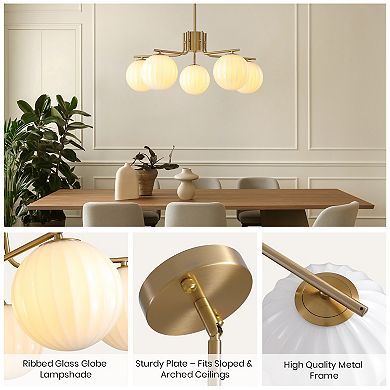 Moooni 31.5" Gold 5-Light Pendant with Watermelon Glass Shades, Adjustable for Sloped Ceilings