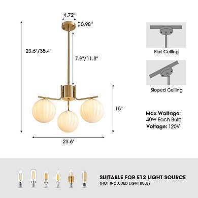 Moooni 24" Gold 3-Light Pendant with Watermelon Glass Shades, Adjustable for Sloped Ceilings