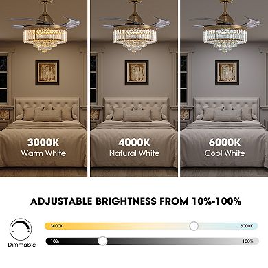 Moooni 36" Modern Gold Retractable Crystal Ceiling Fans with Lights Dimmable Fandelier with Remote
