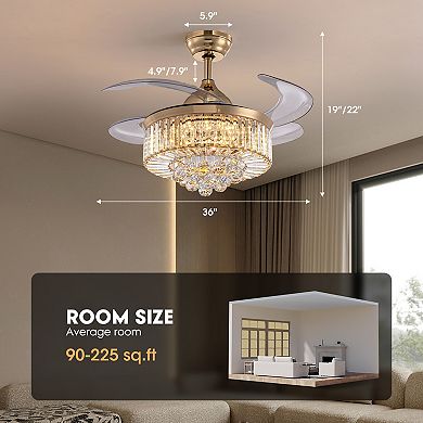 Moooni 36" Modern Gold Retractable Crystal Ceiling Fans with Lights Dimmable Fandelier with Remote