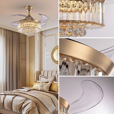 Moooni 36" Modern Gold Retractable Crystal Ceiling Fans with Lights Dimmable Fandelier with Remote