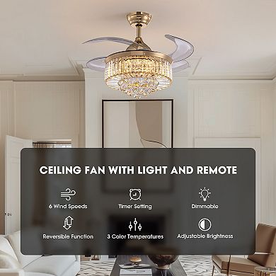 Moooni 36" Modern Gold Retractable Crystal Ceiling Fans with Lights Dimmable Fandelier with Remote