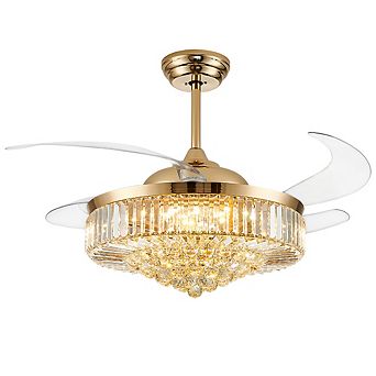 Moooni 52" Modern Gold Crystal Ceiling Fan with Light and Remote Retractable Dimmable Fandelier