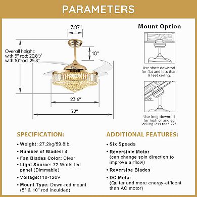 Moooni 52" Modern Gold Crystal Ceiling Fan with Light and Remote Retractable Dimmable Fandelier