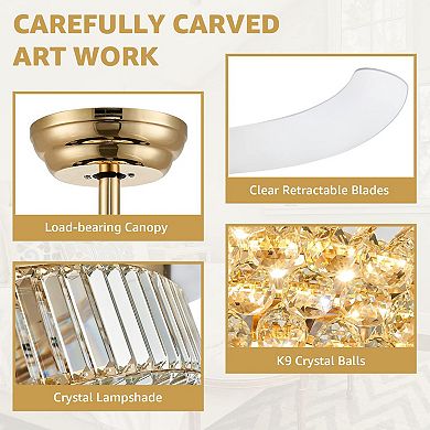 Moooni 52" Modern Gold Crystal Ceiling Fan with Light and Remote Retractable Dimmable Fandelier