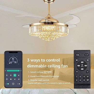 Moooni 52" Modern Gold Crystal Ceiling Fan with Light and Remote Retractable Dimmable Fandelier