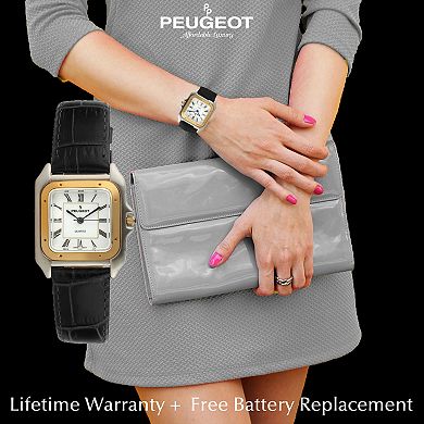 Peugeot Womens 14K Gold-Plated 32mm Tank Shape Roman Numeral Leather Strap Watch