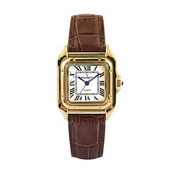 Peugeot Womens 14K Gold-Plated 32mm Tank Shape Roman Numeral Leather Strap Watch