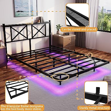 Lufeiya Queen Floating Platform Bed Frame with Storage Headboard, LED Light and USB Charging Station