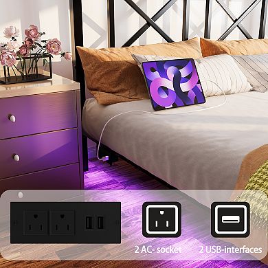 Lufeiya Queen Floating Platform Bed Frame with Storage Headboard, LED Light and USB Charging Station