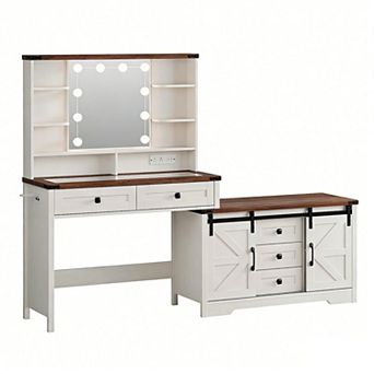 Makeup Vanity Desk with Lighted Mirror, Glass Top, Drawers & Cabinets, 74"W Large White Vanity
