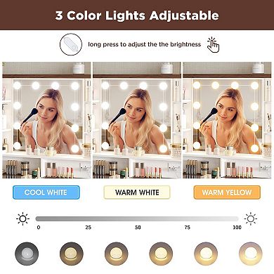 Makeup Vanity Desk with Lighted Mirror, Glass Top, Drawers & Cabinets, 74"W Large White Vanity