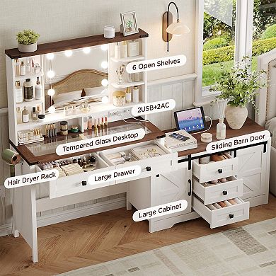 Makeup Vanity Desk with Lighted Mirror, Glass Top, Drawers & Cabinets, 74"W Large White Vanity