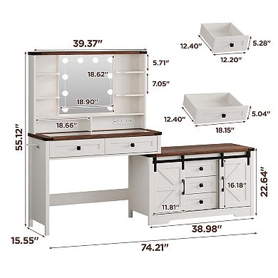 Makeup Vanity Desk with Lighted Mirror, Glass Top, Drawers & Cabinets, 74"W Large White Vanity